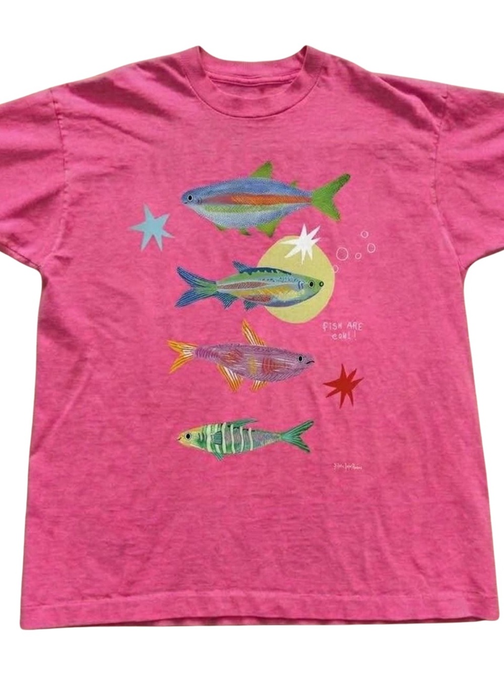 Gildan Pink Short Sleeve Tee with Colorful Fish Graphic